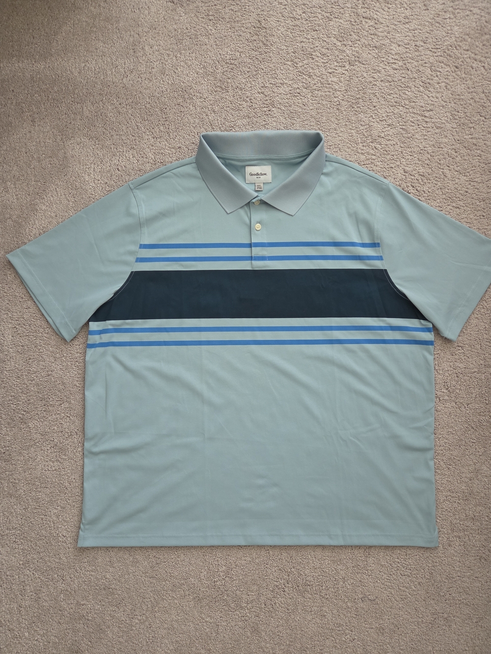 Goodfellow & Co Light Blue Polo with Navy and Blue Stripe Panel